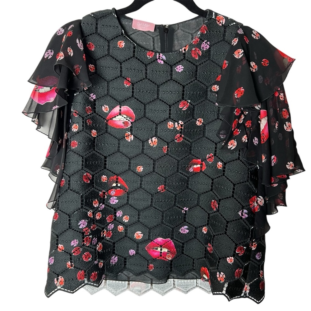 Giamba Paris Black Sheer Sleeve Lady Bug & Lips Top